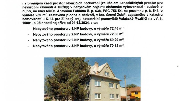 Vyhlášení záměru na pronájem části nebytových prostor