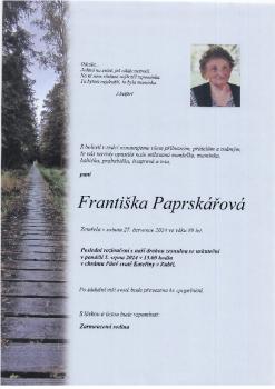 Smuteční oznámení Františka Paprskářová